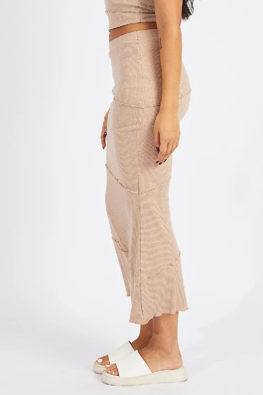 Beige Midi Skirt Bodycon High Rise Rib Jersey