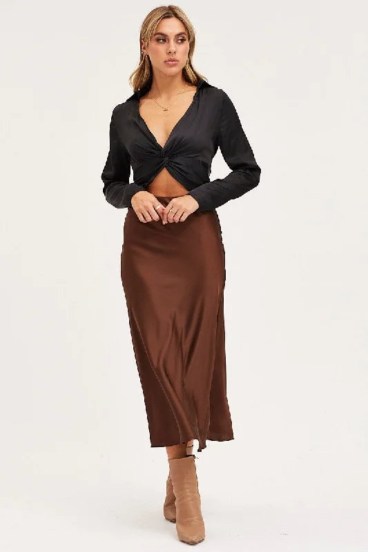 Black Crop Top Long Sleeve Satin