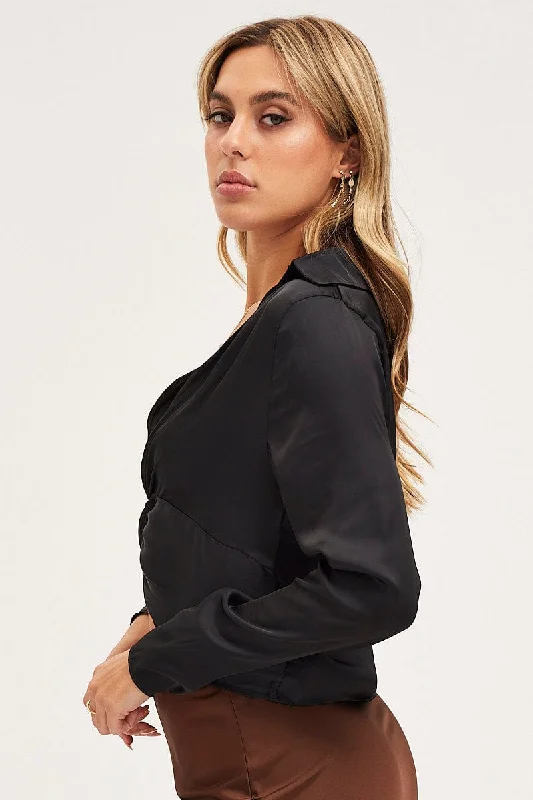 Black Crop Top Long Sleeve Satin