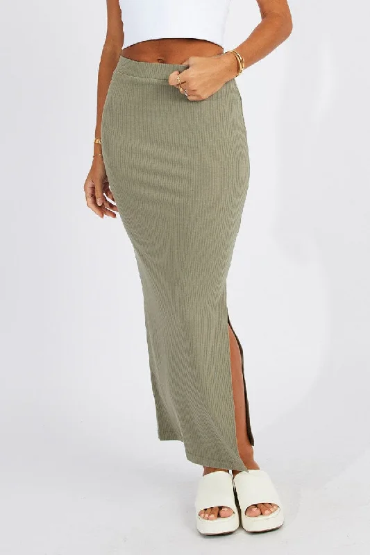 Green Midi Skirt High Rise Rib Jersey