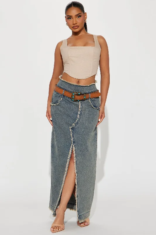 Texas Hold Em' Belted Denim Maxi Skirt - Vintage Wash