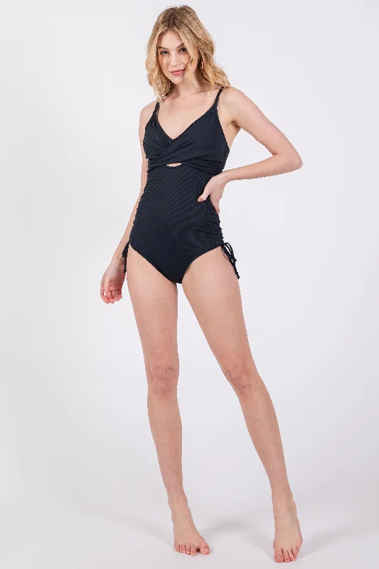 Navy Ribbed Wrap Front Drawstring Side One-Piece Swimsuit