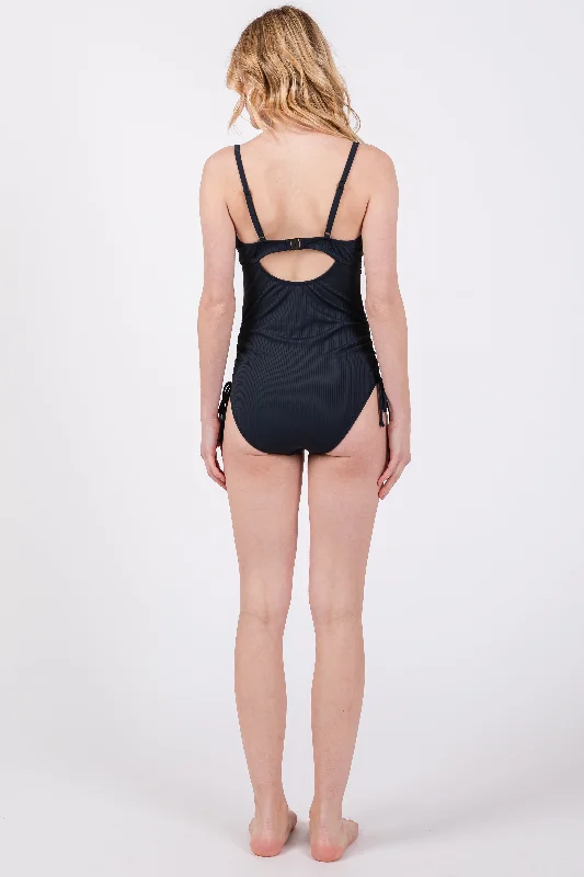 Navy Ribbed Wrap Front Drawstring Side One-Piece Swimsuit