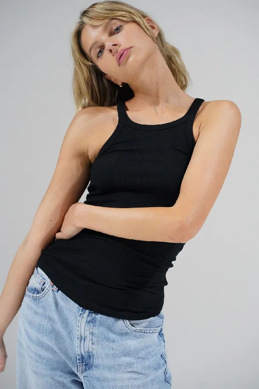 Skinny Racer Ribbed Tank - Black